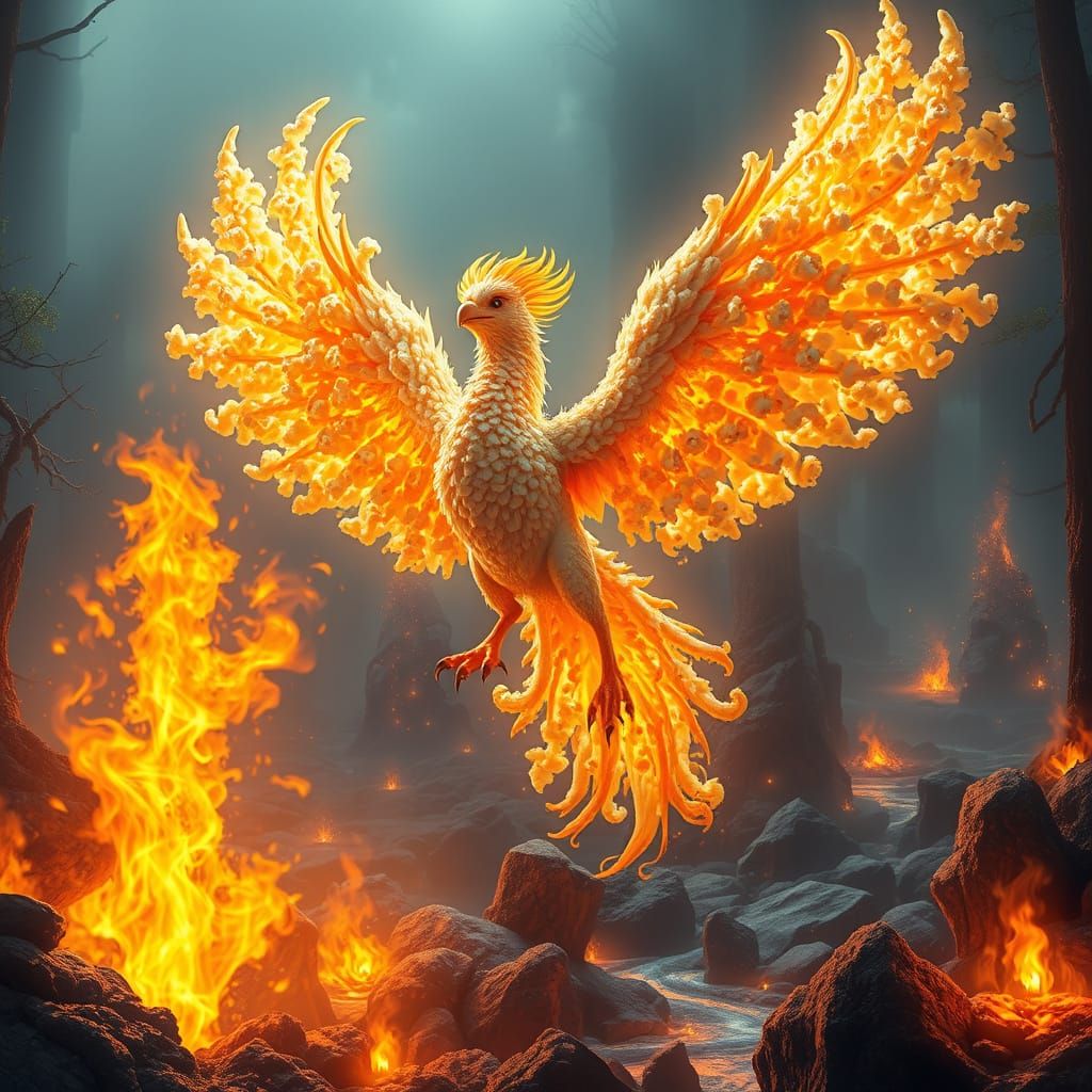 Popcorn Phoenix Rising in a Fantasy Snack Forest