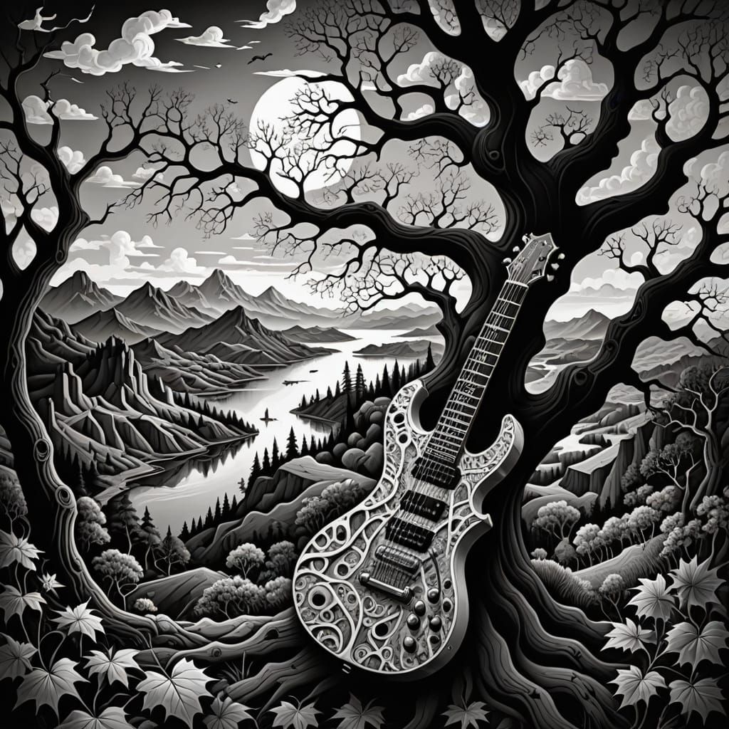 Psychedelic Black and White Landscape with Fractal Guitar an...