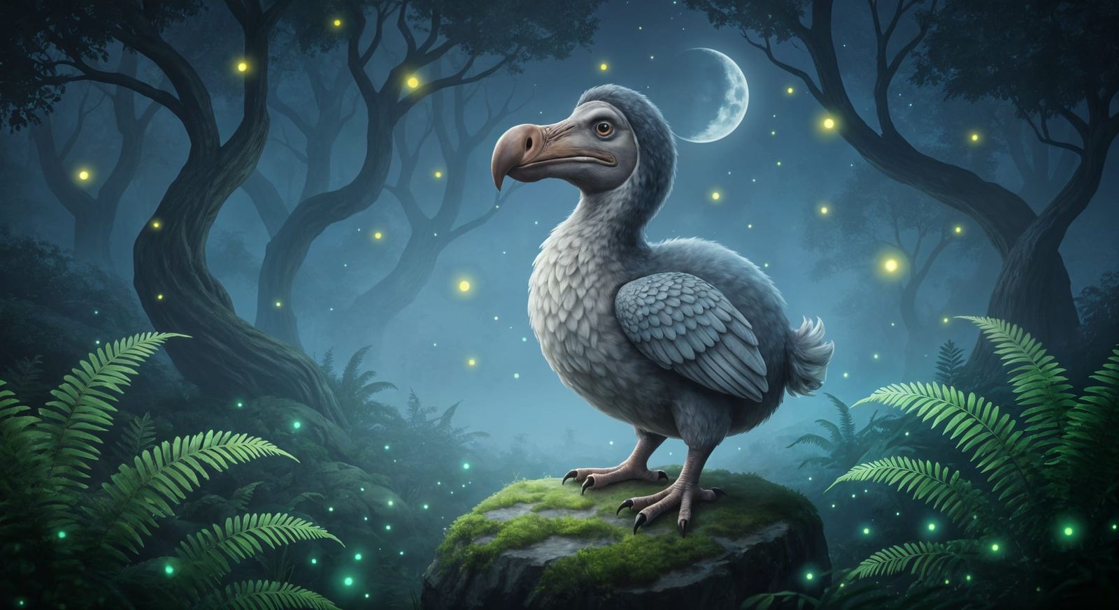 Dreamlike Dodo Bird in Bioluminescent Forest Glade