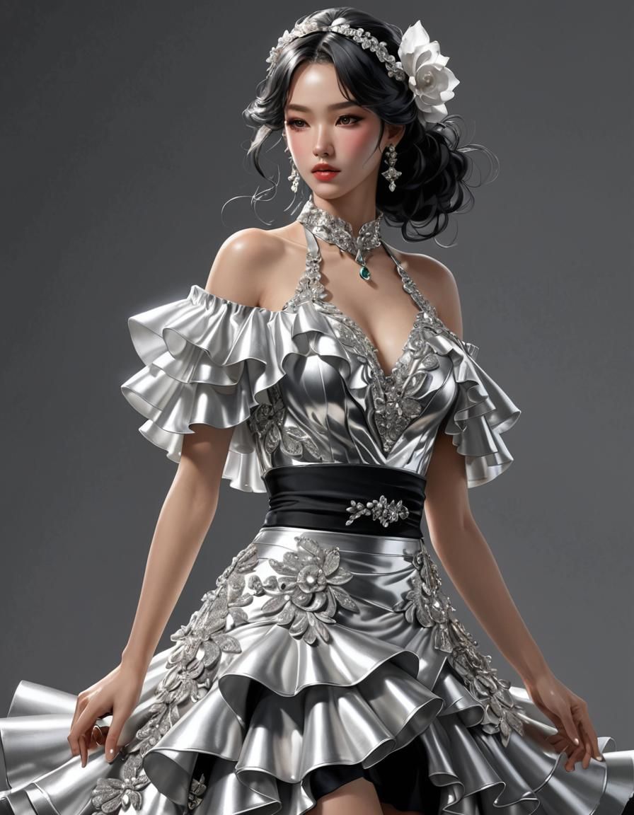 Silver Flamenco Dress in 3D Anime Style