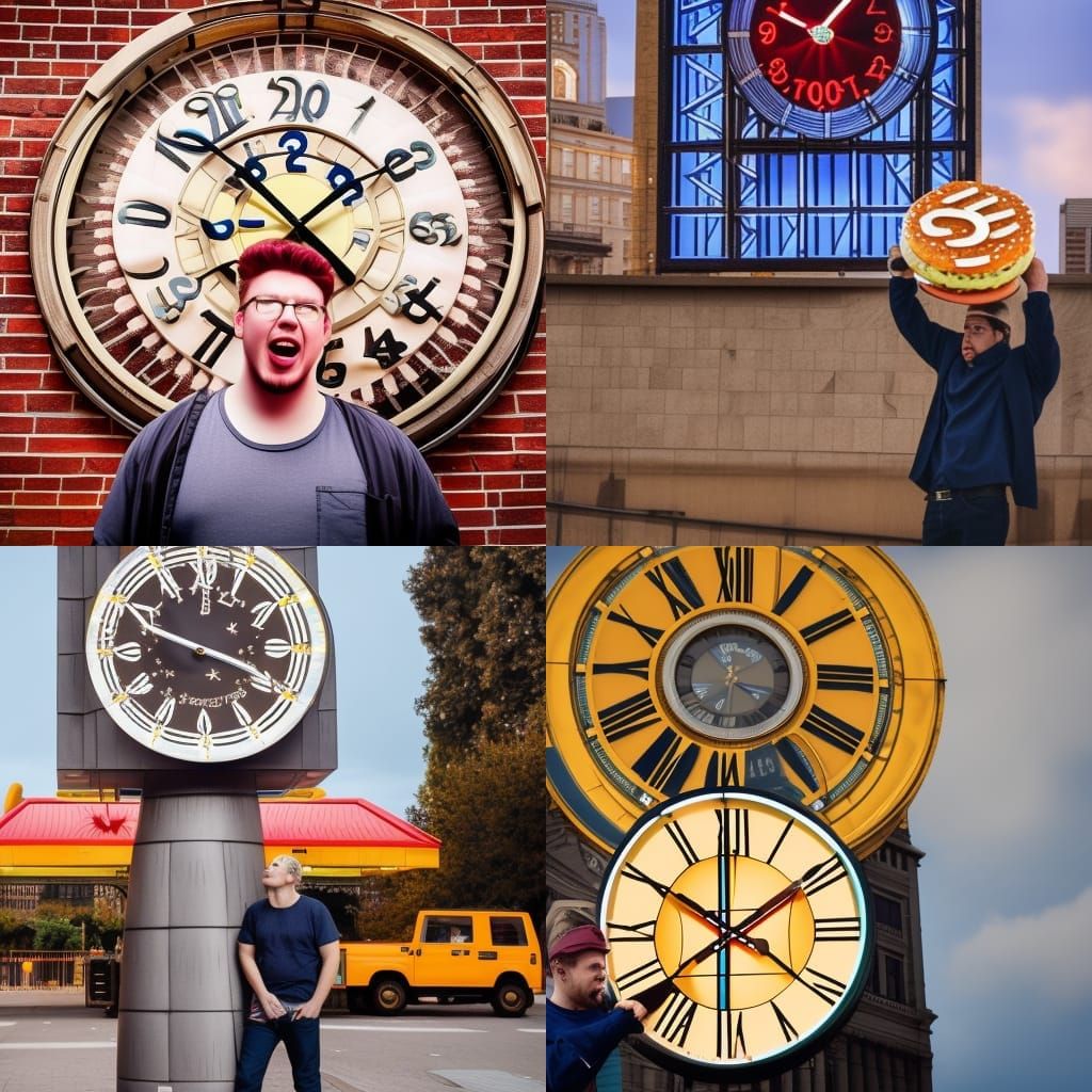 90s Man Enjoying Big Mac by Giant Clock