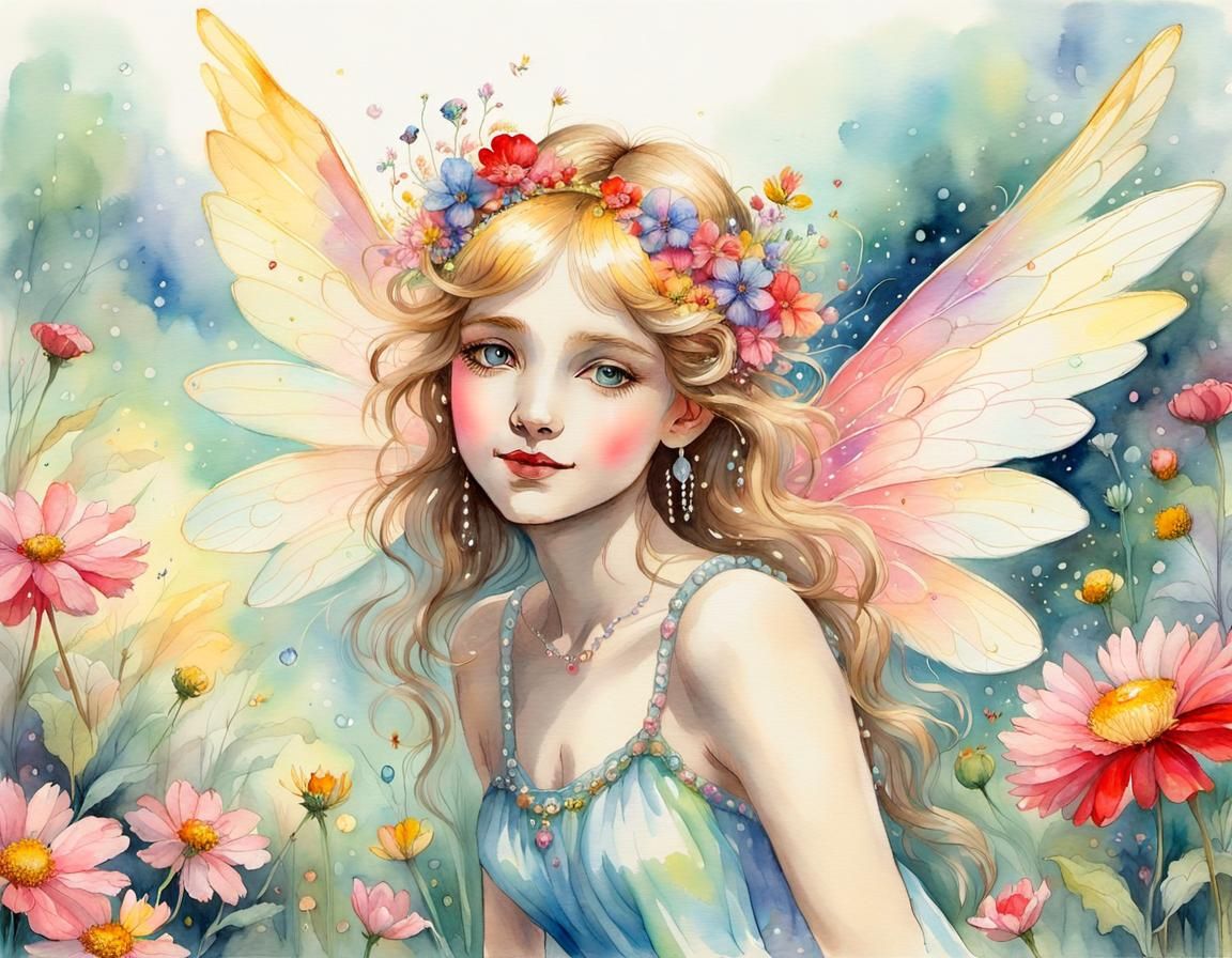 Joyful Fairy in Wildflower Field: Watercolour Art