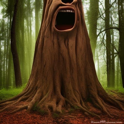 Scary Tree with Face Scaring People in Forest