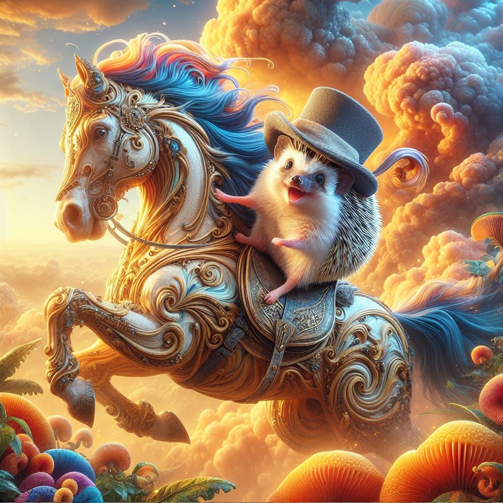 Joyful Hedgehog in Elegant Hat on Majestic Horse