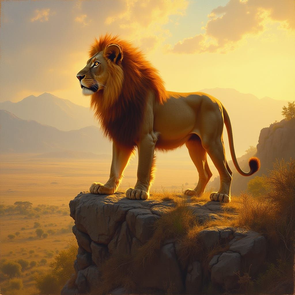 Lion with Flaming Mane Overlooking Savanna, Oil Painting