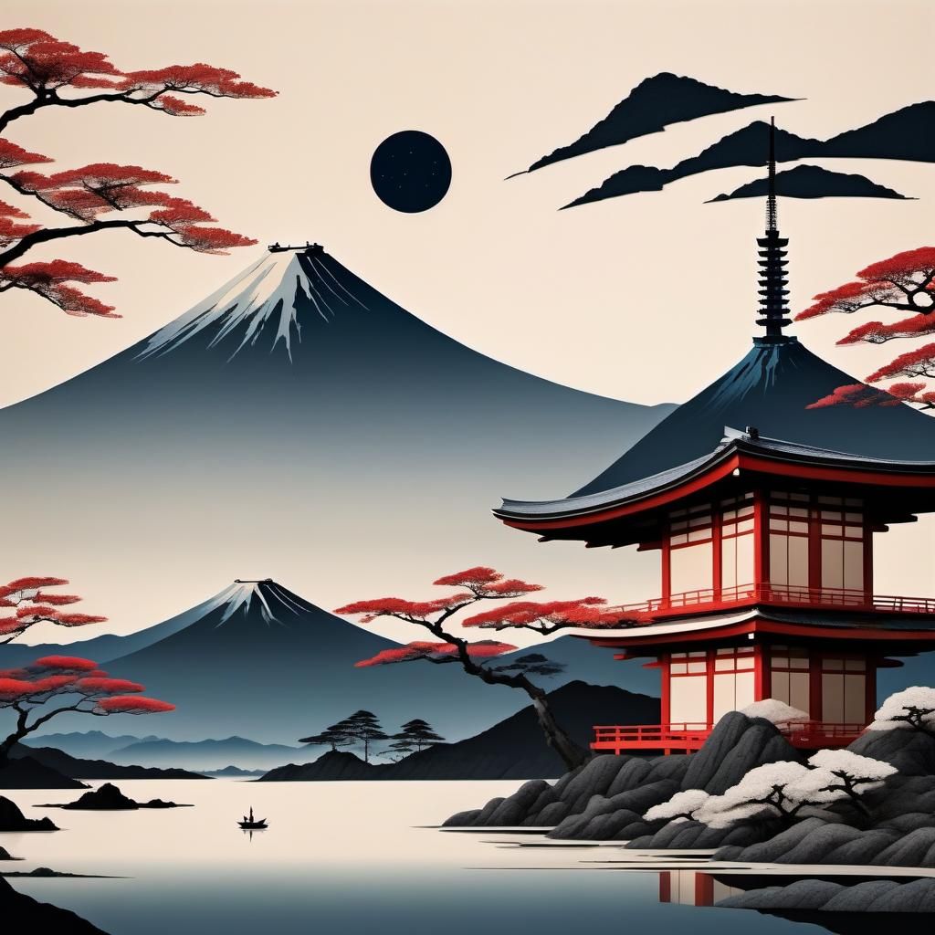 Abstract Japanese Landscapes Collage in Bold Outlines