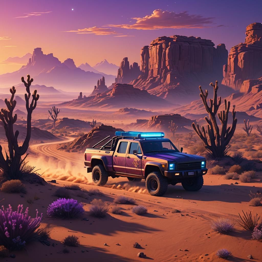 Trophy Truck Races Through Sci-Fi Desert Landscape