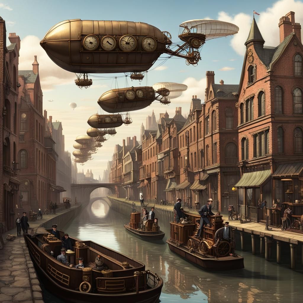 Steampunk Victorian City on Canal Banks