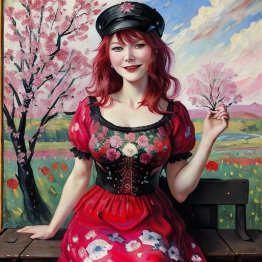 Alluring Portrait of Woman in Red Dress, Expressionist Style