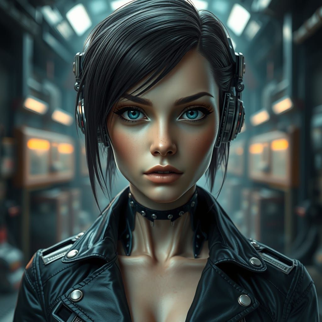 Hyperrealistic Cyborg Woman in Industrial Setting