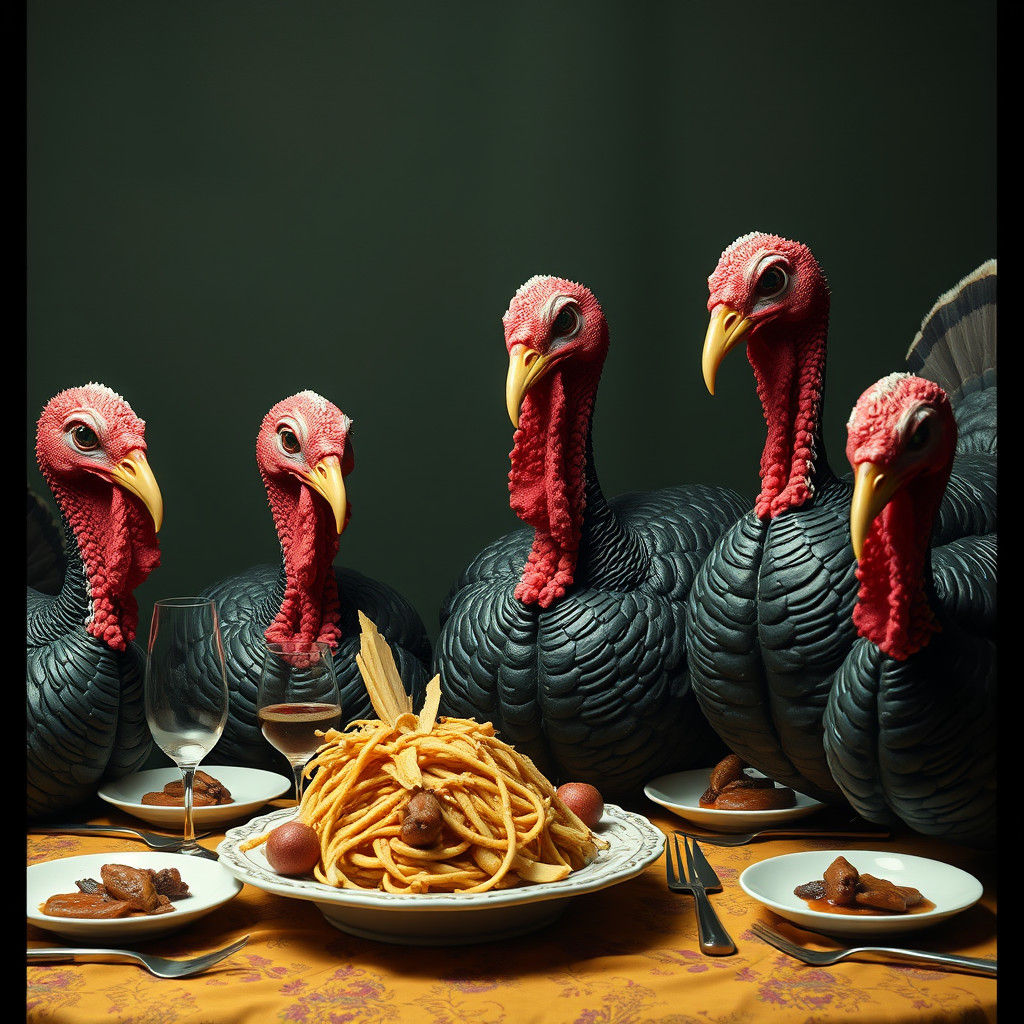 Surrealist Family Gathering of Turkeys in Exquisite Detail