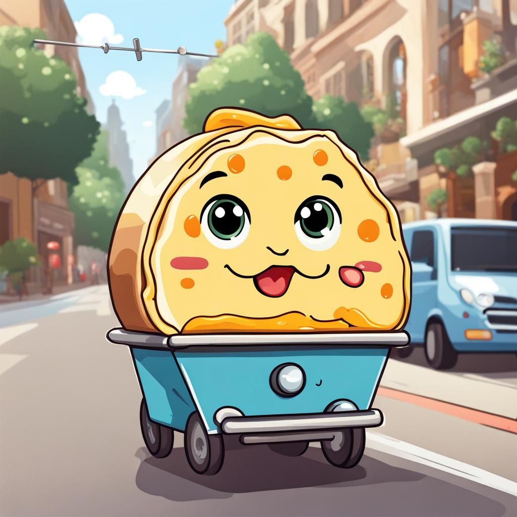 Cartoon Omelet on Wheels: A Cheerful Character