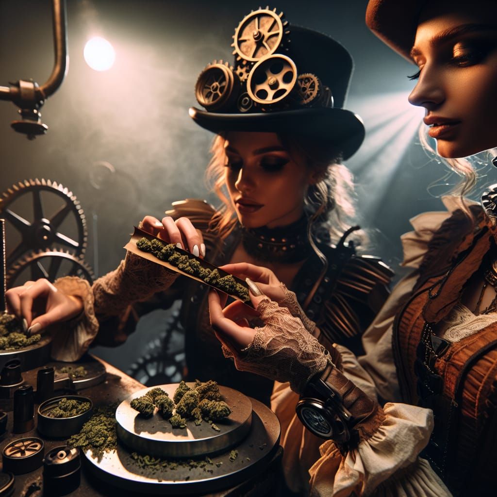 Steampunk Women Rolling a Blunt: Cinematic Film Still