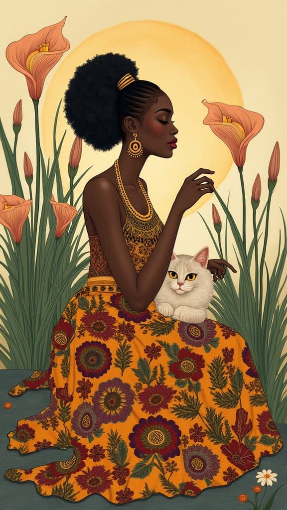 Woman in Traditional Kente Cloth, Surrounded by Elegant Call...