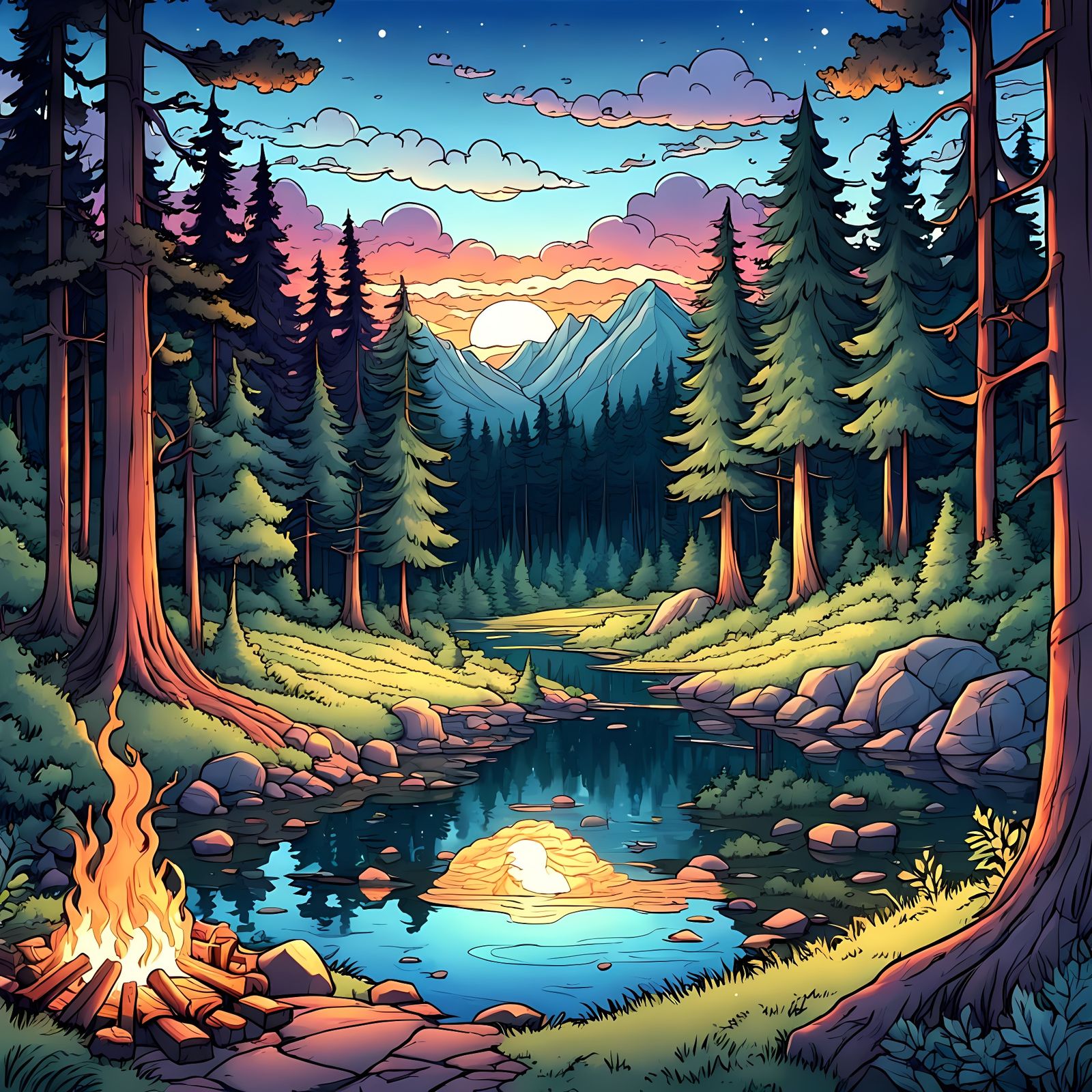 Vibrant Cartoon Forest Scene in Smooth Lines