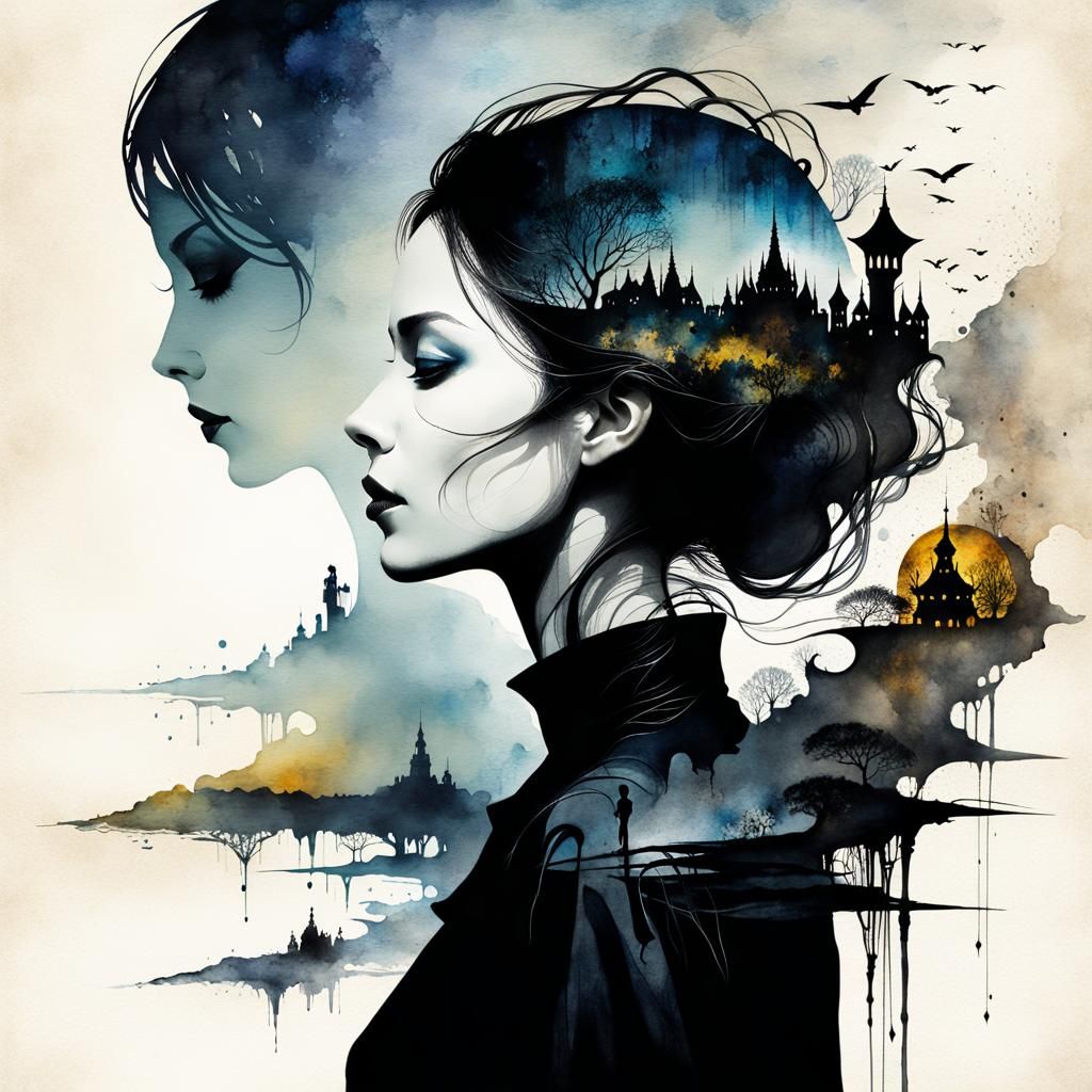 Silhouette with Shadow Monsters in Surreal Watercolor