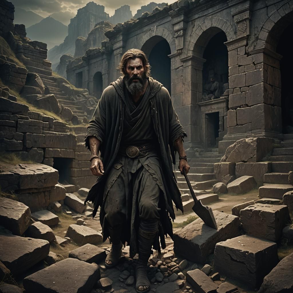 Dark Fantasy Tomb: Possessed Man in Gothic Ruins