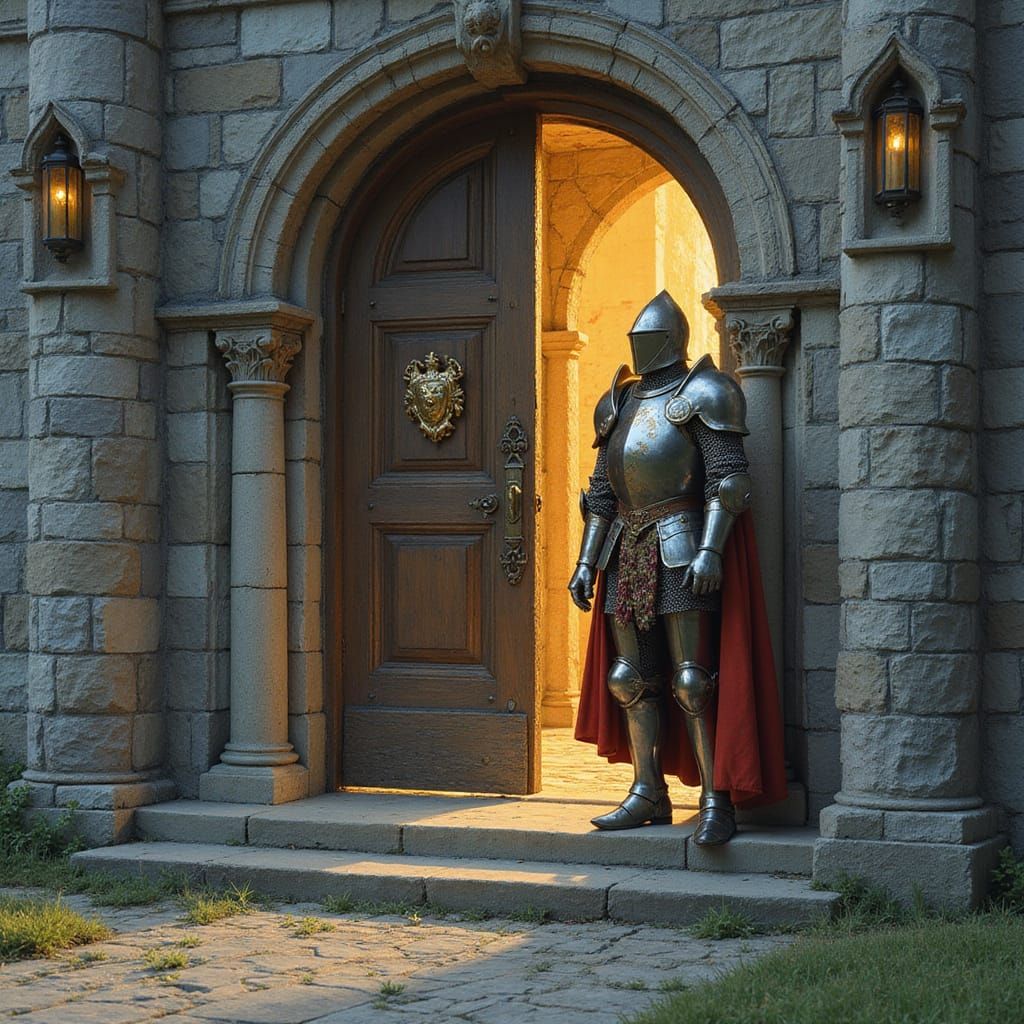 Knight at Castle Entrance in Traditional Fantasy Style