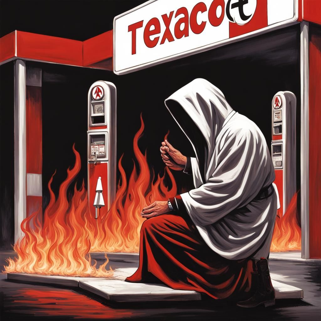 Sinister Figure Kneeling at Texaco Sign