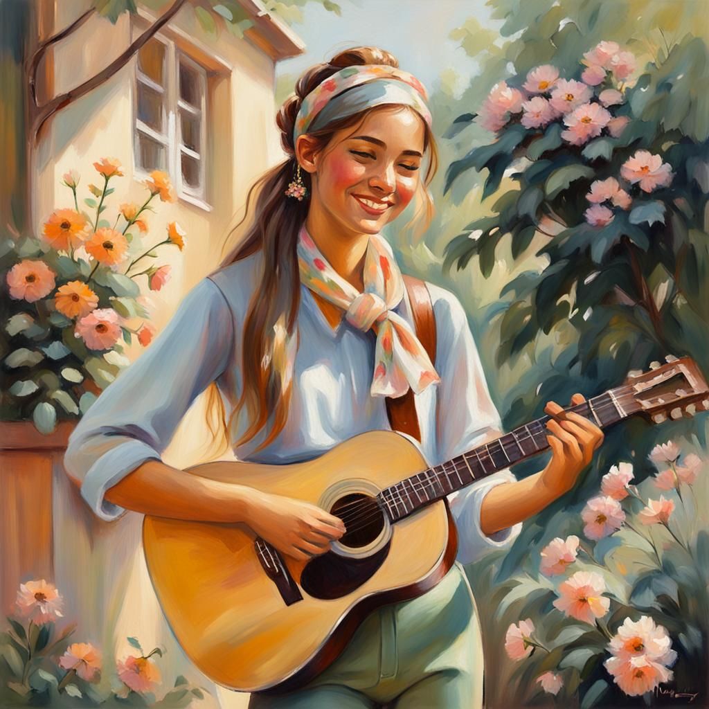 Teenage Girl with Guitar in Impressionist Oil Painting