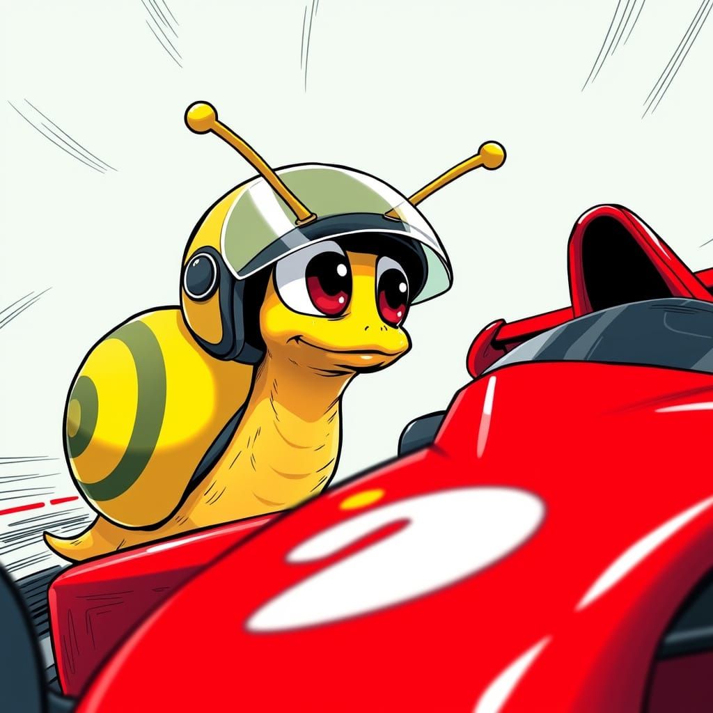 A Curious Snail looking at a race car curiously caricature m...
