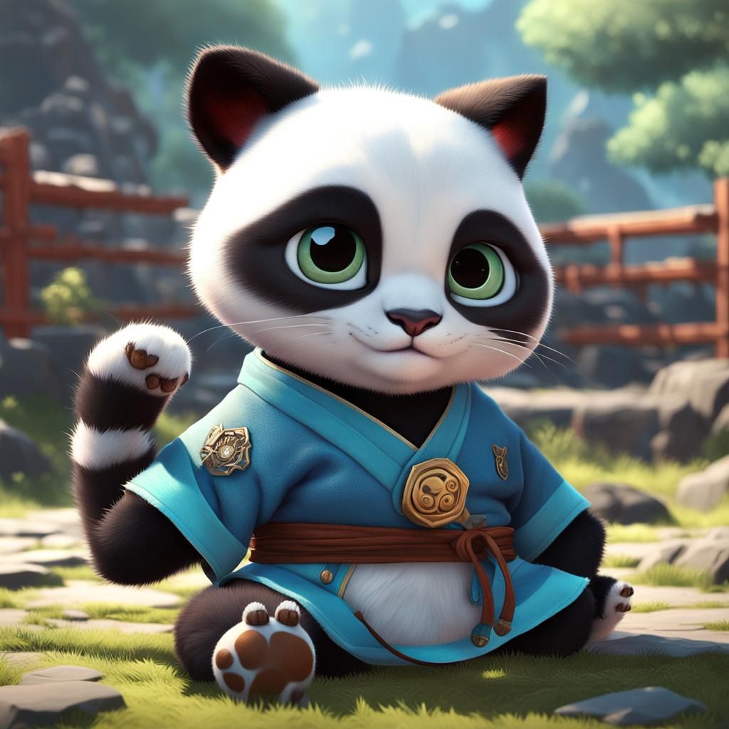 Cute Kitten and Kung Fu Panda Hybrid in 3D Anime Art