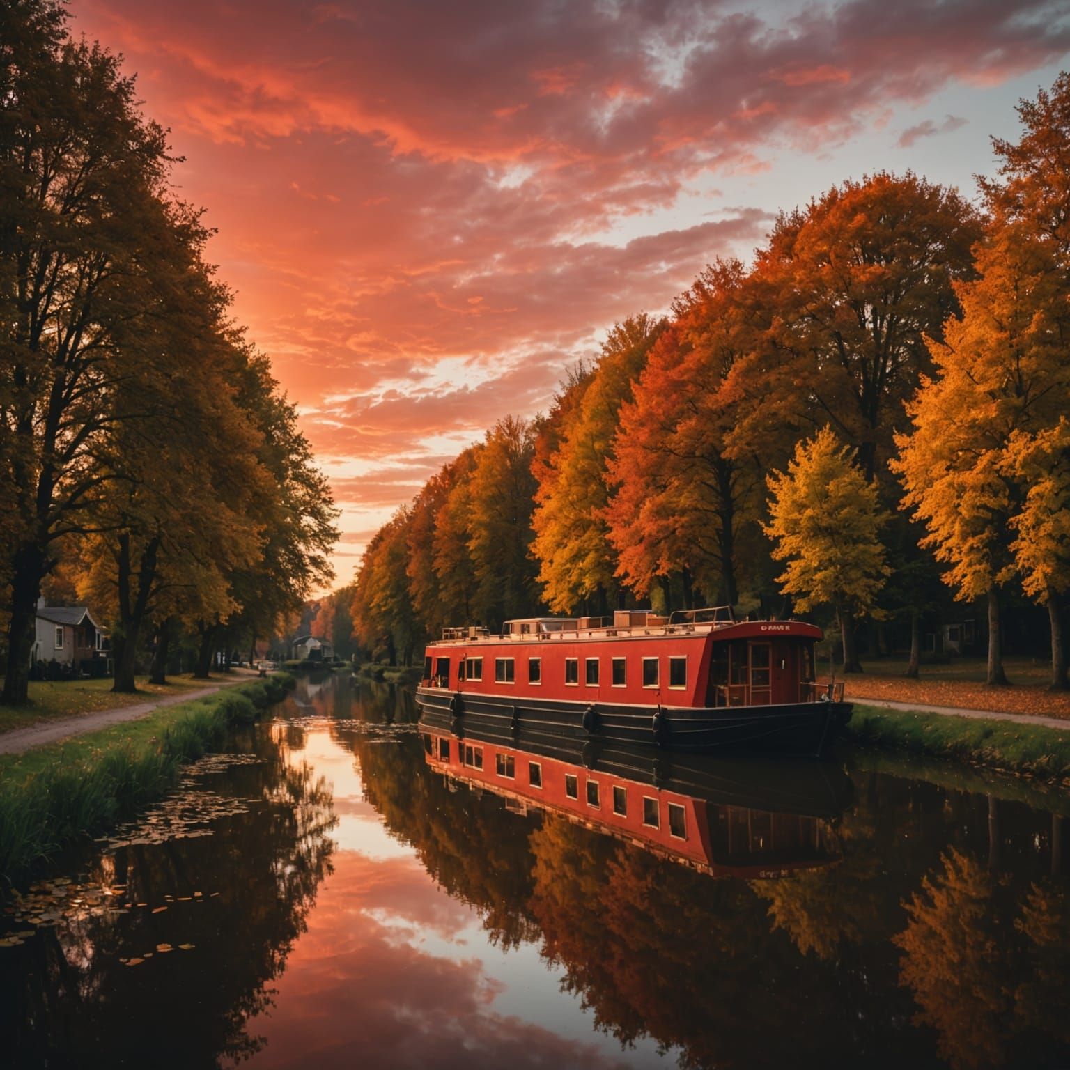 Houseboat Sails Canal at Sunset in Autumn
