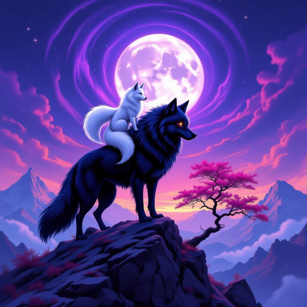 Demon Wolf with Kitsune on Mountain Peak at Twilight