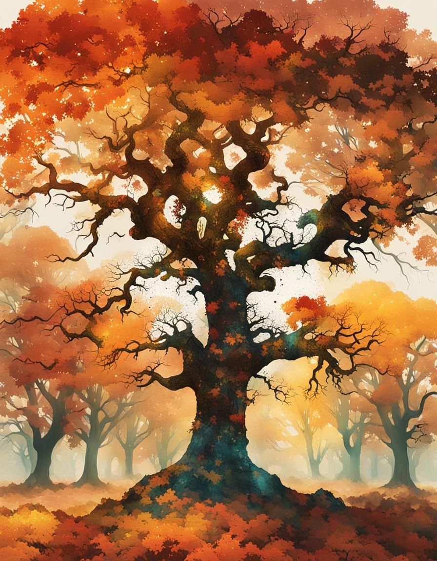 Double Exposure: Autumnal Oak in Summer Woodland