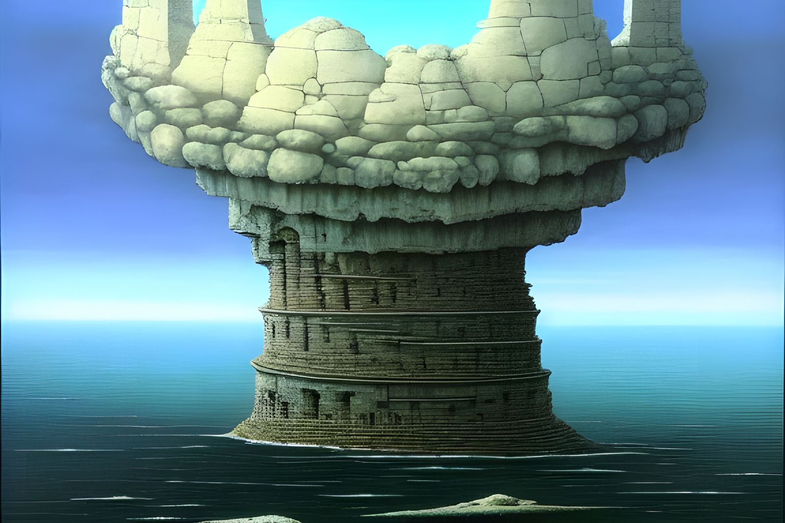 Surreal Stone Tower Hovering Above Ocean, 3D Rendered