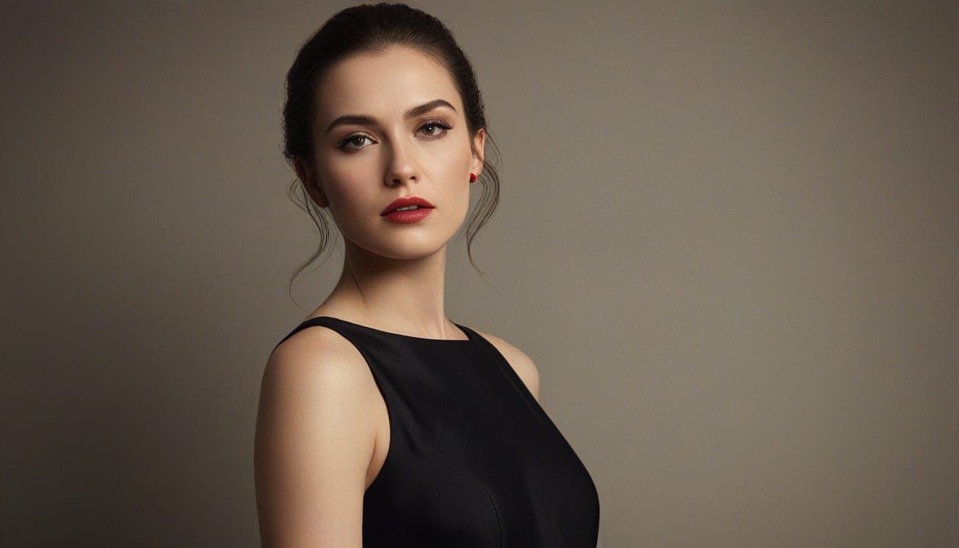 Elegant Woman in Sleek Black Dress Against Minimalist Backgr...
