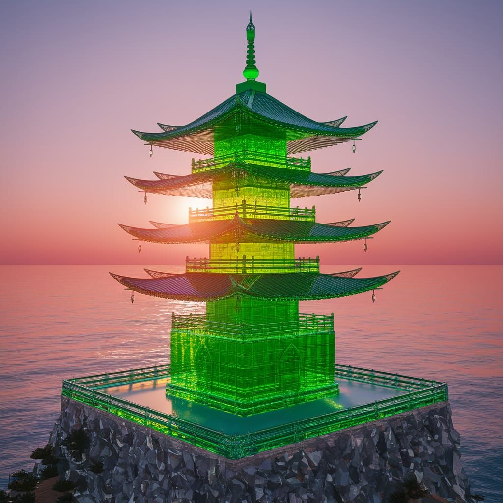 Crystal Pagoda Sunset: Breathtaking 3D Render