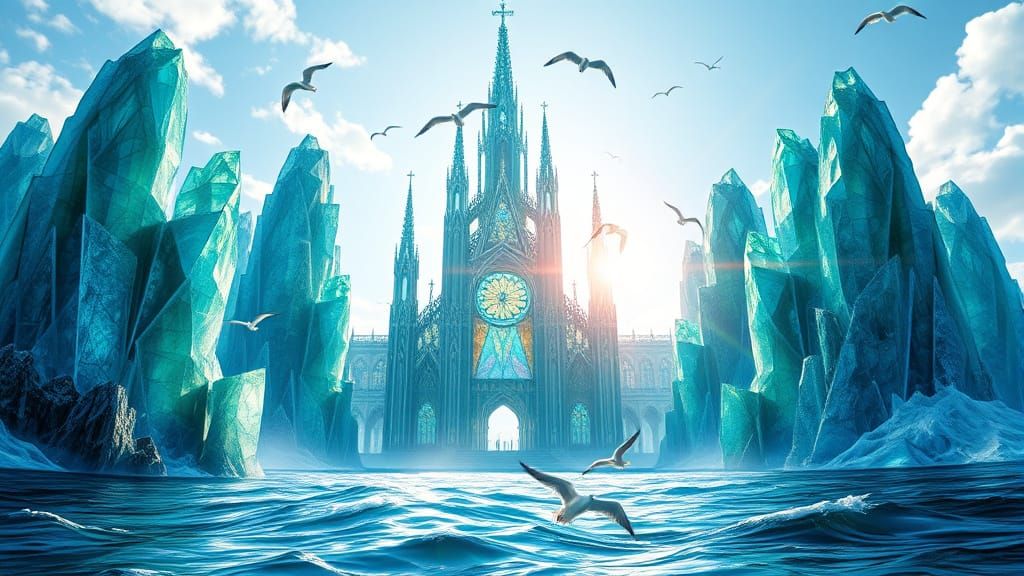 Sea Glass Cathedral Rises From Ocean in Magical Realism Styl...