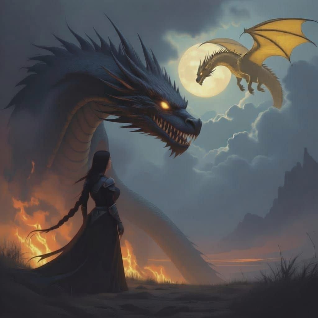 Stoic Warrior Faces Dragons in Epic Fantasy Concept Art