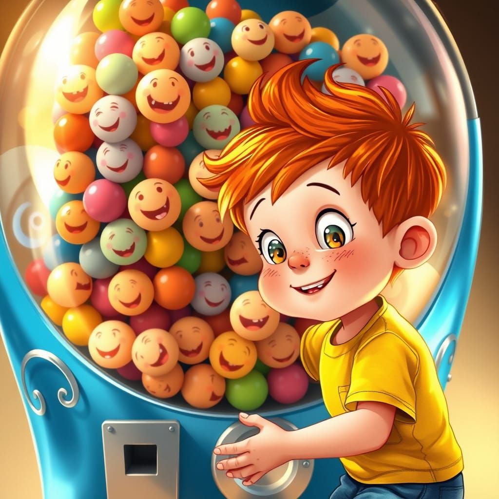 Vibrant Gumball Machine Scene with Playful Faces