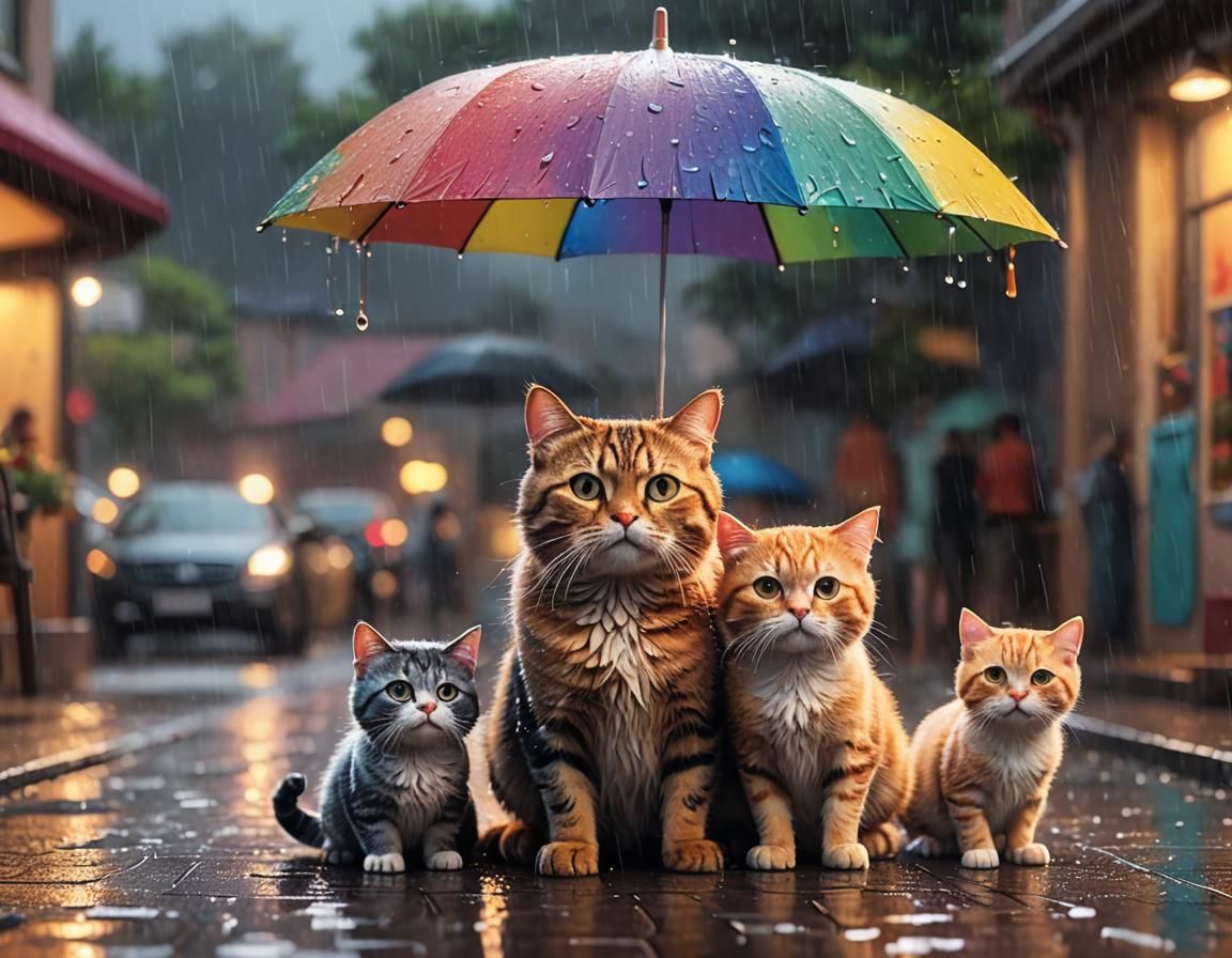 Sad Cat Family in Rain: Pixar-style 3D Render