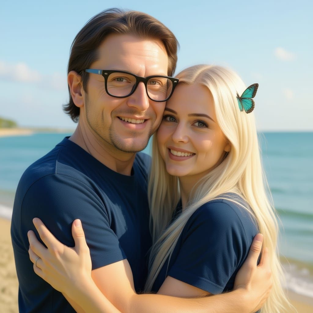 Serene Woman on Shoreline with Butterfly, Photorealistic Sty...