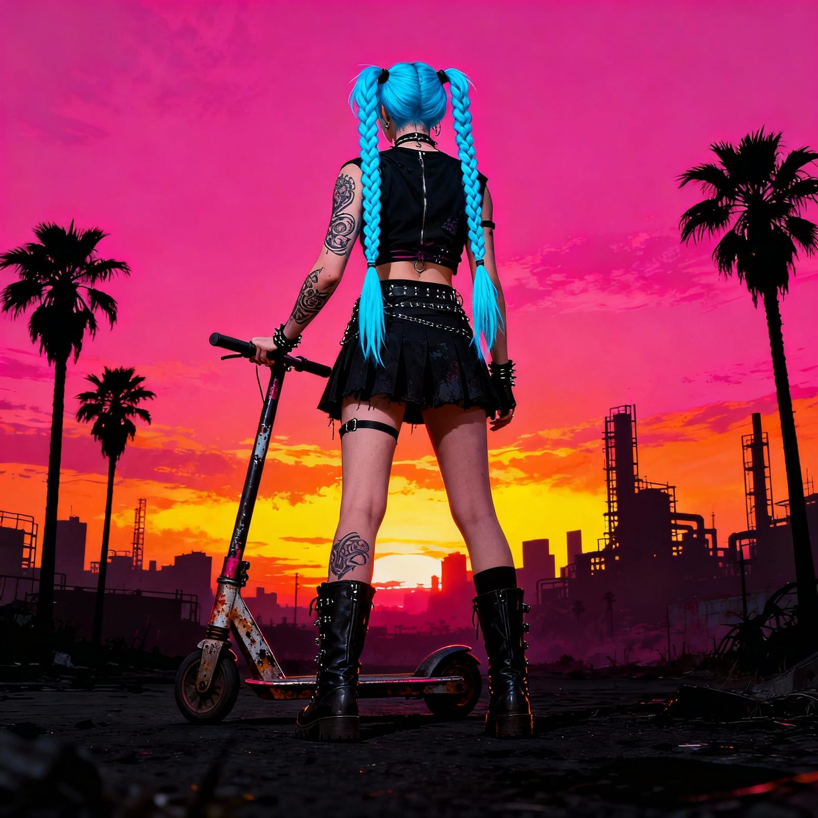 Punk Woman with Neon Braids and Scooter in Sunset City