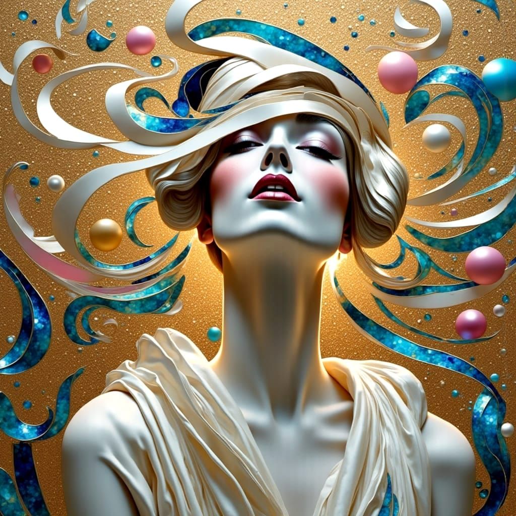 Ethereal Female Figure in Iridescent Ceramic and Cellophane