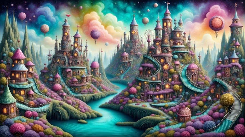 Whimsical Carnival Town on Floating Islands in Pastel Sky