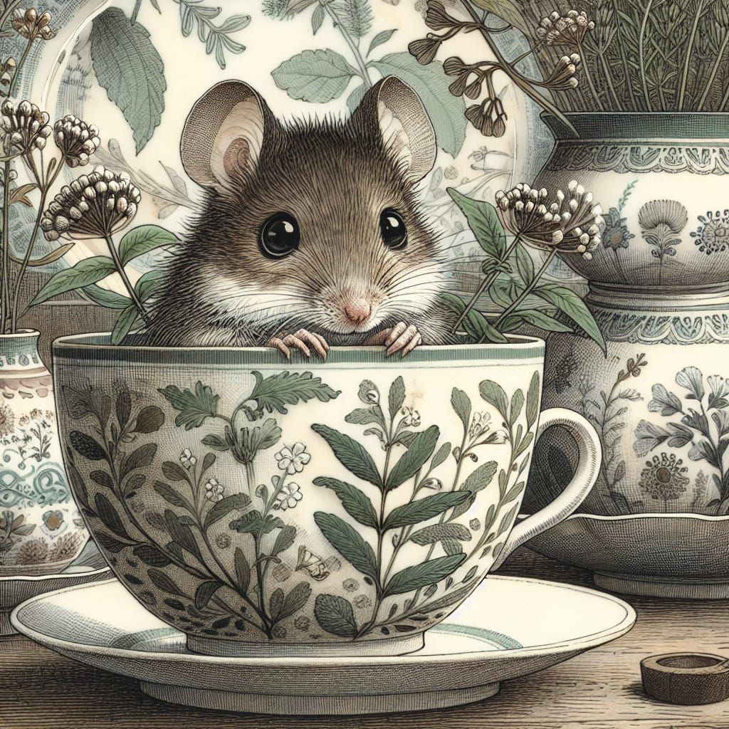 Mouse in Teacup: A Victorian Botanical Illustration