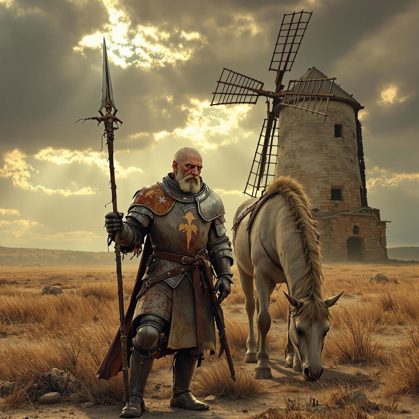 Elderly Knight and Horse in Desolate Spanish Countryside