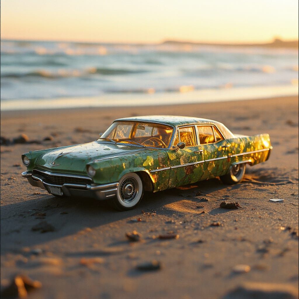 Sea Glass Car Sculpture on California Beach at Sunset
