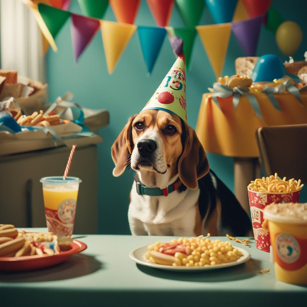 Sad Beagle's Birthday: A Cinematic Film Still