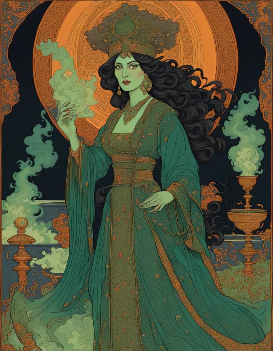 Decadent Sorceress with Glowing Cauldron, Art Nouveau