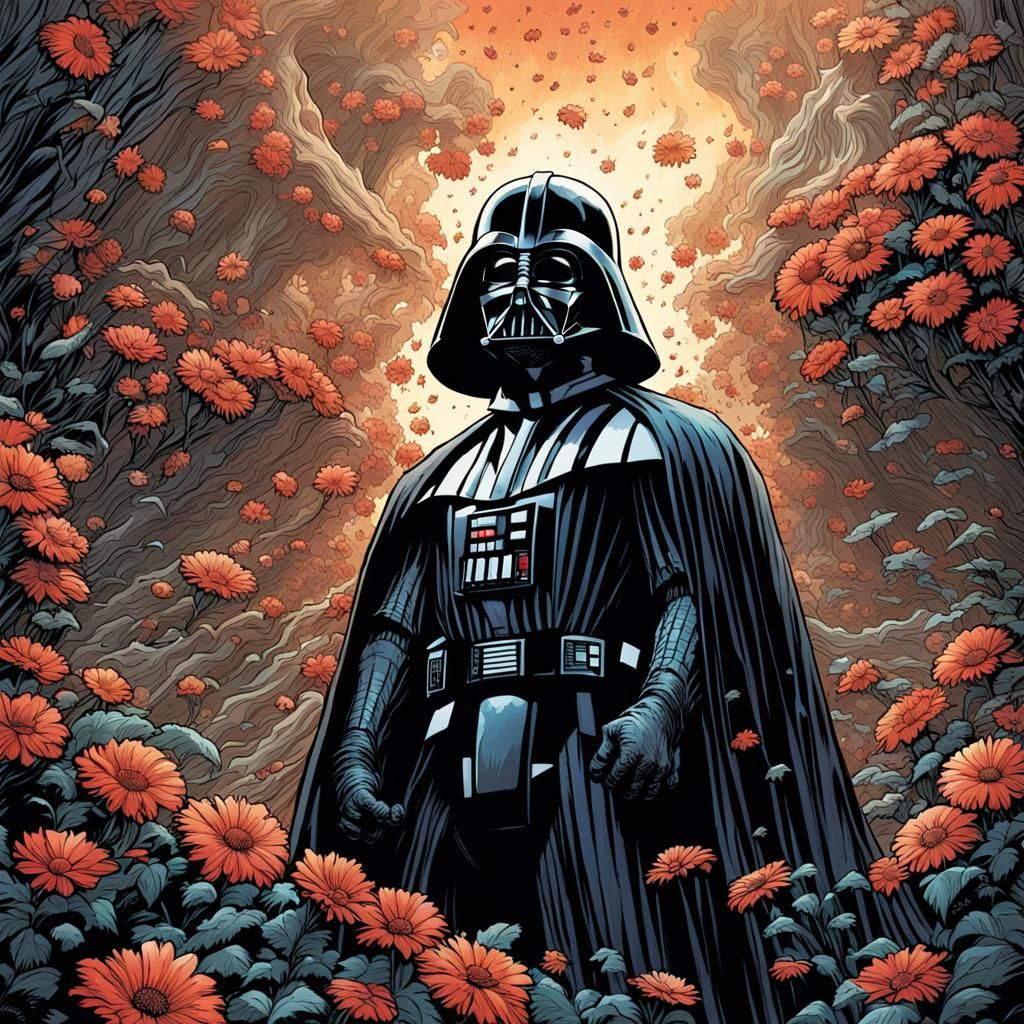 Darth Vader Portrait with Falling Flowers in Comic Art Style