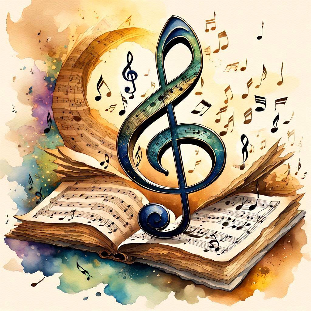Treble Clef Emerges from Sheet Music in Watercolor