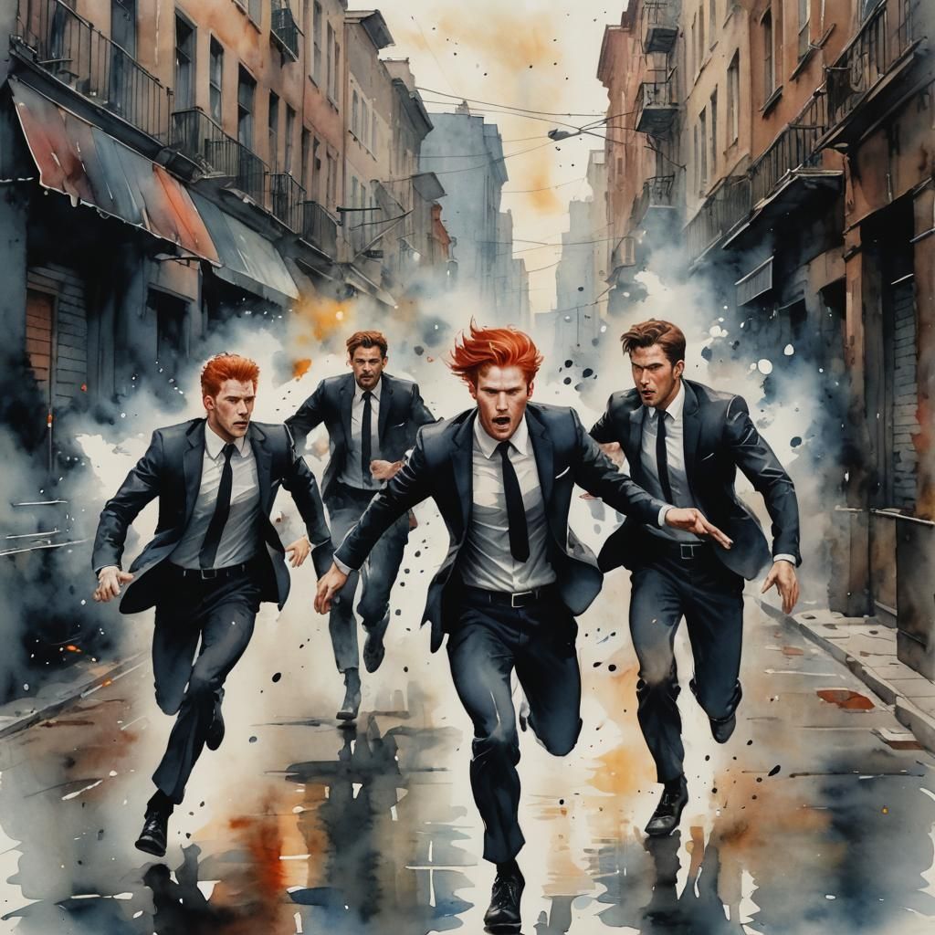 Ominous Watercolor Chase Scene in Dark City