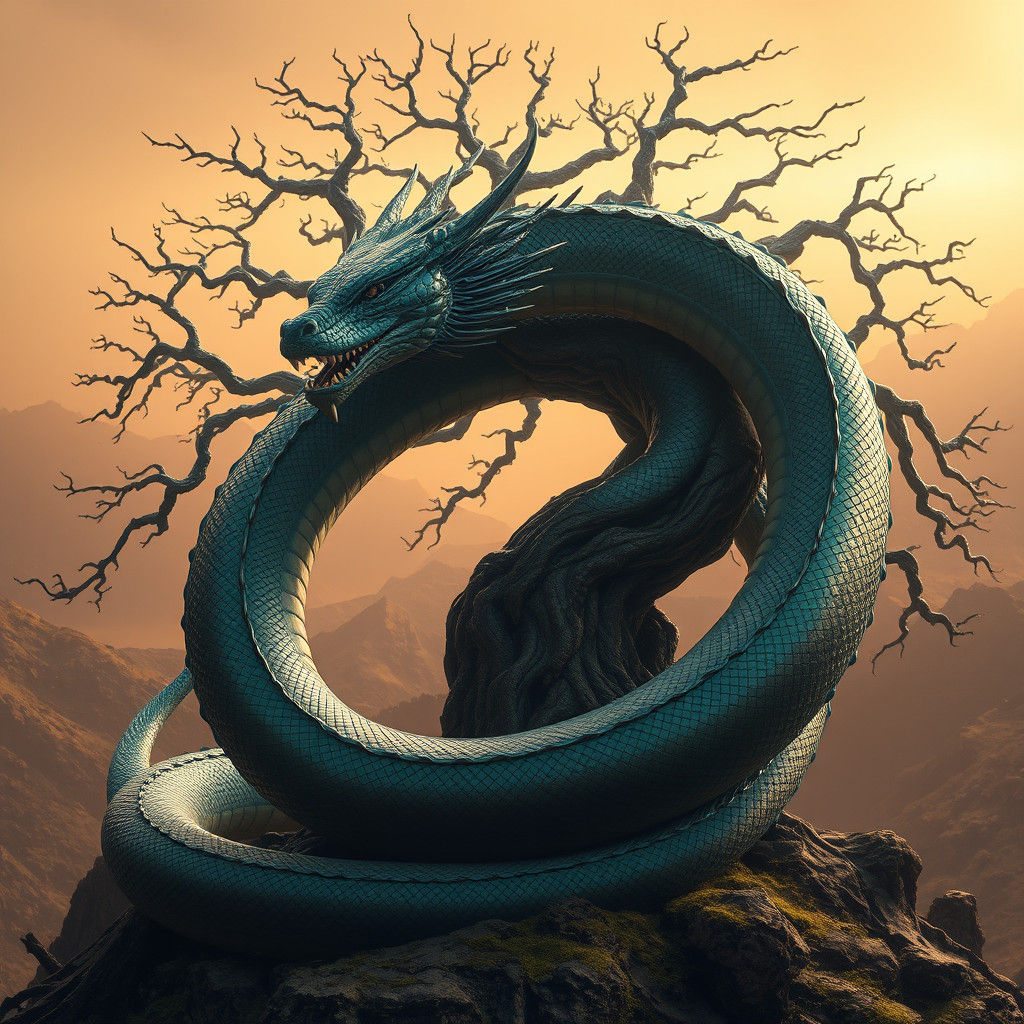 Mystical Snake Dragon Coiling Around Ancient Tree
