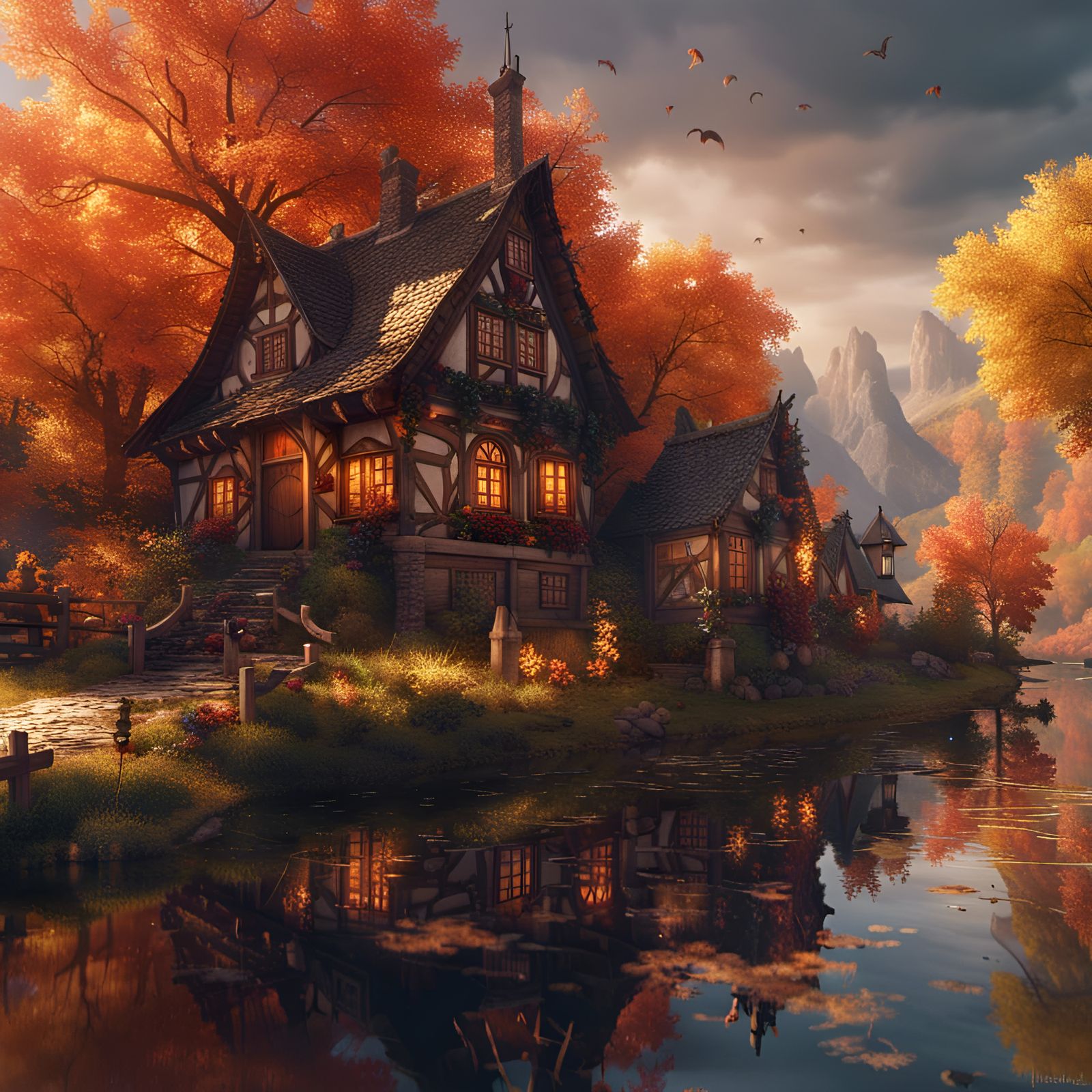 Autumn Village House by River in Detailed Matte Painting